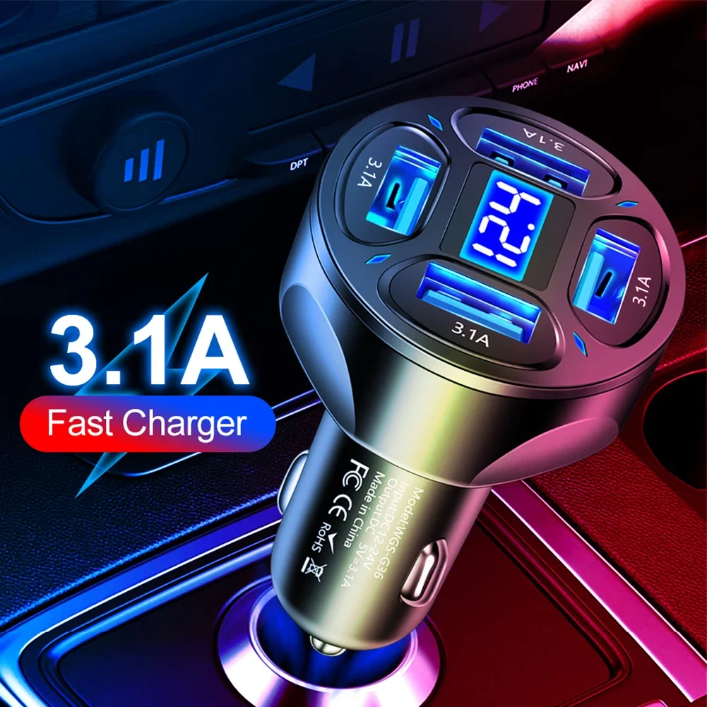 Cargador de coche de 4 puertos, adaptador de cargador de teléfono USB 3.1A de carga rápida, pantalla LED, cambiadores rápidos automáticos con luz
