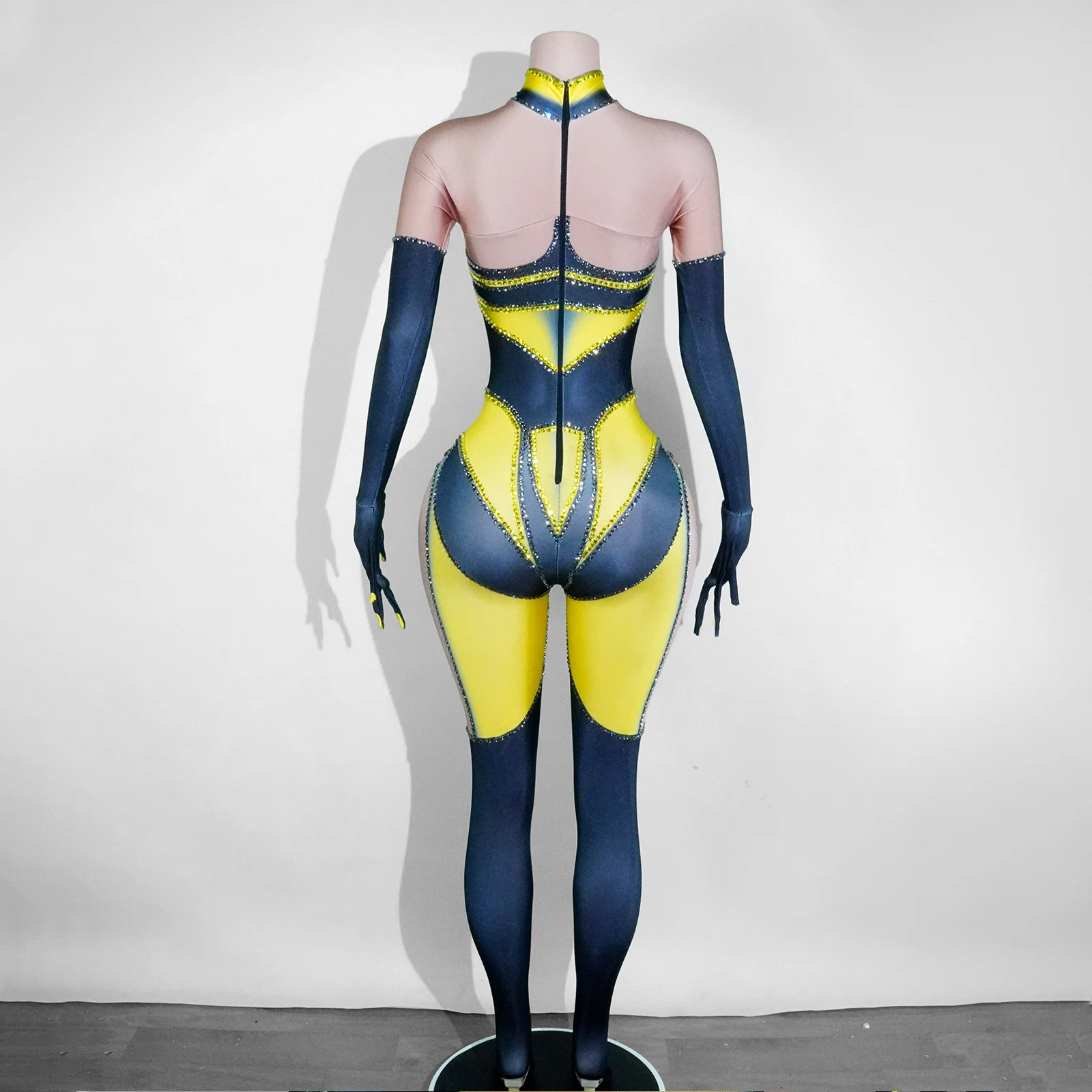 مثير سباركلي الراين بسط نحيل بذلة مع قفازات لملهى ليلي حفلة راقصة أداء المرحلة ارتداء GOGO الزي