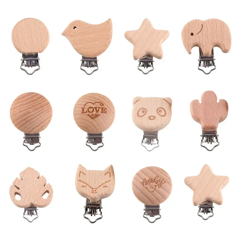 1 Teile/los Holz Schnuller Clips Buche Baby Nippel Dummy Halter Clip DIY Zubehör Modellierung Elefant Vogel Bär AnimalStar Herz