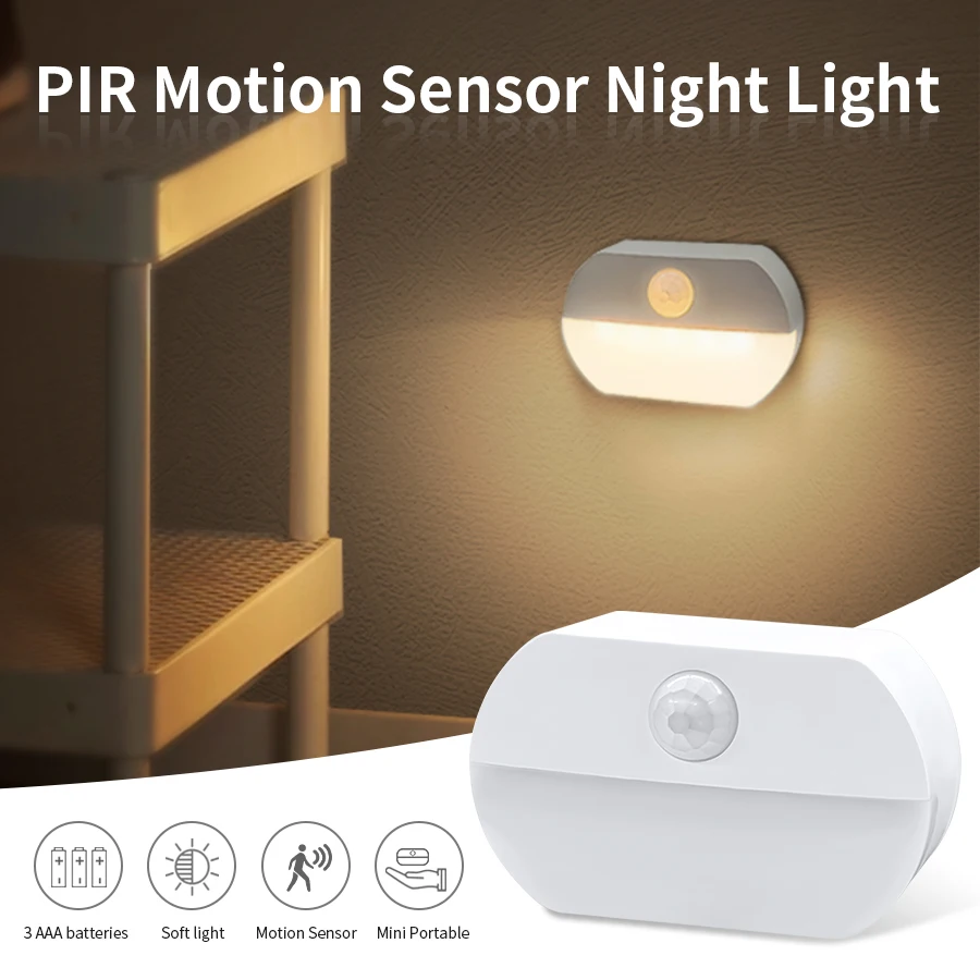 

LED Night Light Motion Sensor Lights Bedroom Kitchen Cabinet Battery Lamp Stick on Nightlight for Hallway Toilet Stair Closet