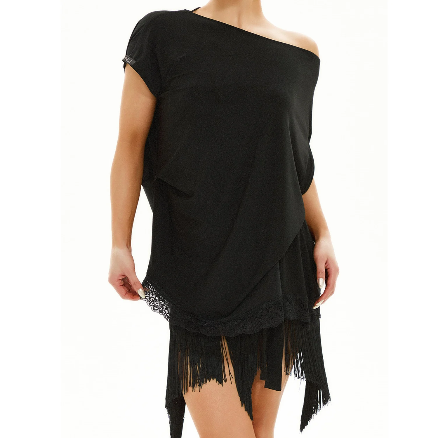 2025 épaule inclinée lâche Latin haut de danse femmes dentelle irrégulière Laeopard noir hauts Rumba Samba danse factice vêtements DNV23308