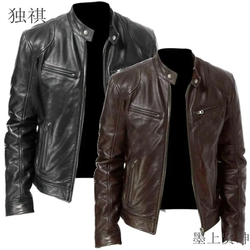 Image of Herren Stehkragen Kunstleder-Motorradjacke Mode Übergröße Freizeitmantel Frühling Herbst
