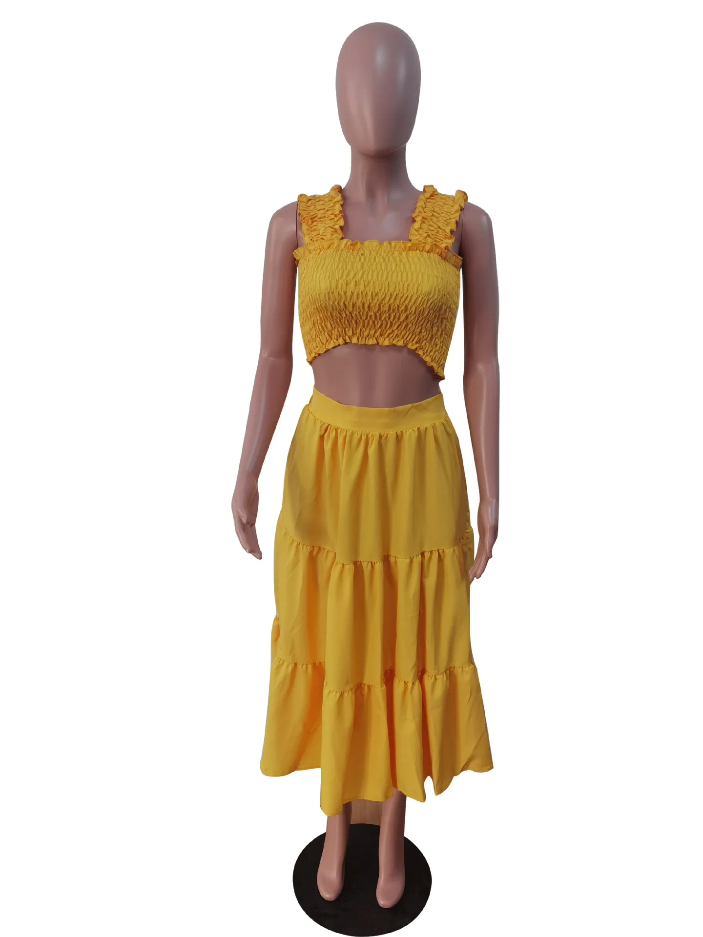 Fashion Long Dresses New in Matching Sets Sexy Square Sleeves Suspenders Short Tops Suit Summer Pleated Elegant Women's Sets