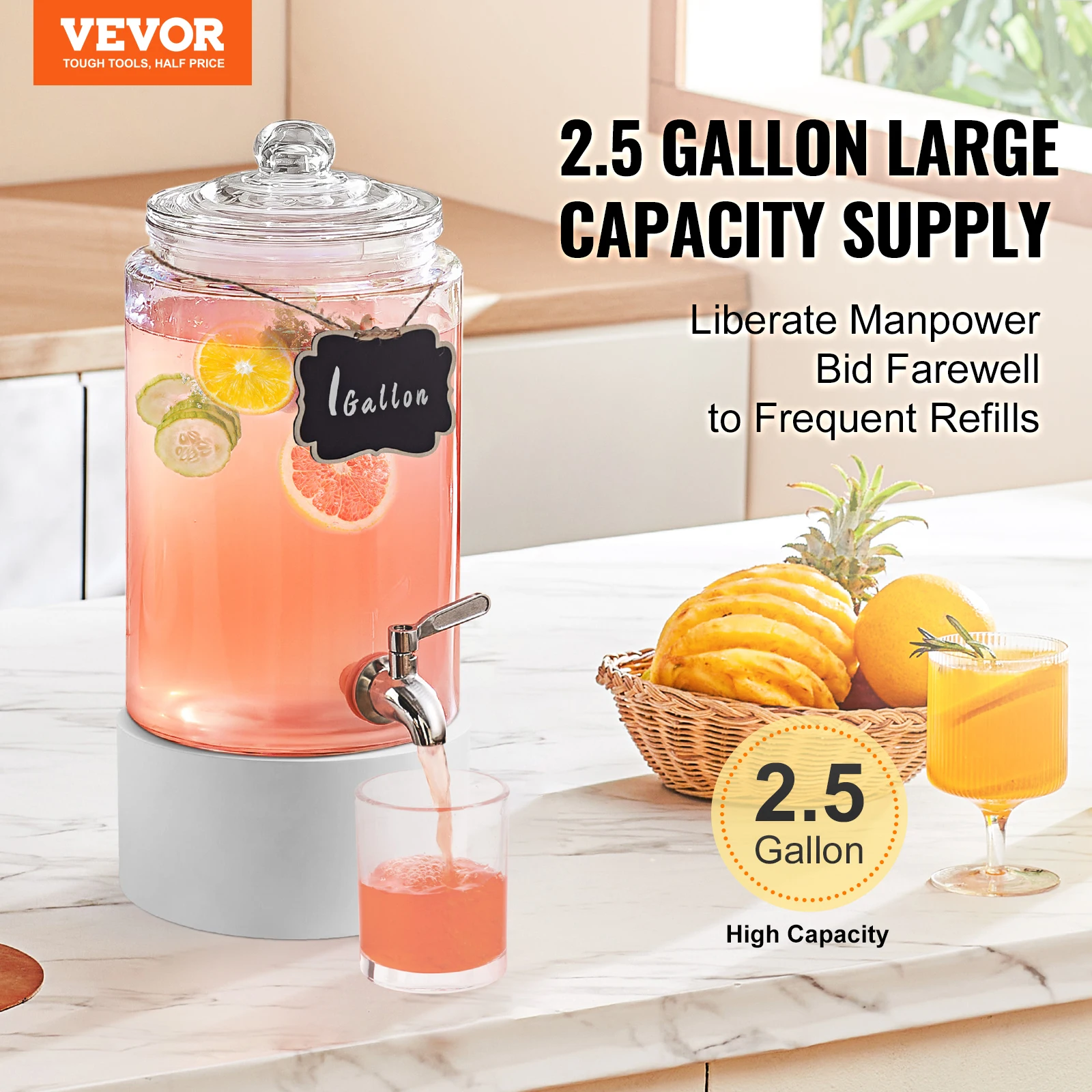 VEVOR Beverage Dispenser Drink Dispensers for Parties Glass Juice Dispenser Stainless Steel Spigot Iced Tea Dispenser