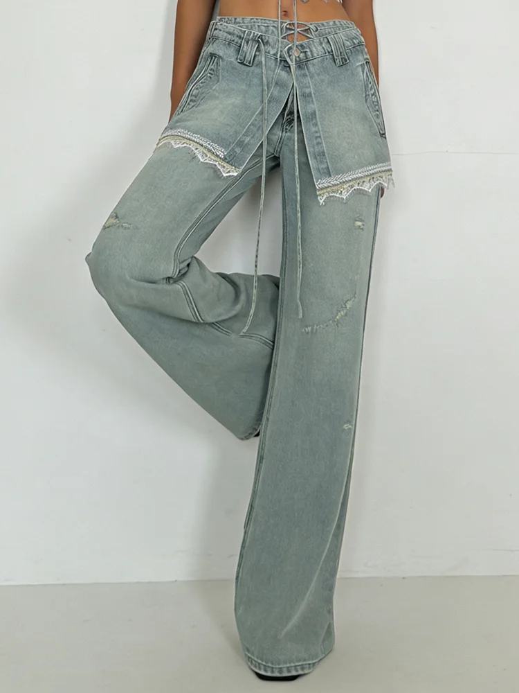 PBAP Wrap Skirt Woman Baggy Jeans Lace Trim Vintage Washed Fake Two-piece Pockets High Waist Straight Pants Korean Retro Clothes
