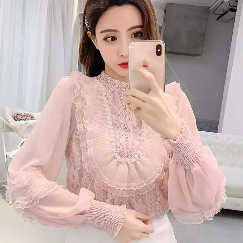 2024 Spring Fashion Embroidered Blouse Ruffle Flower Chiffon Shirt Women\'s Sweet Long-sleeved Stand-up Collar Ruffled Lace Shirt