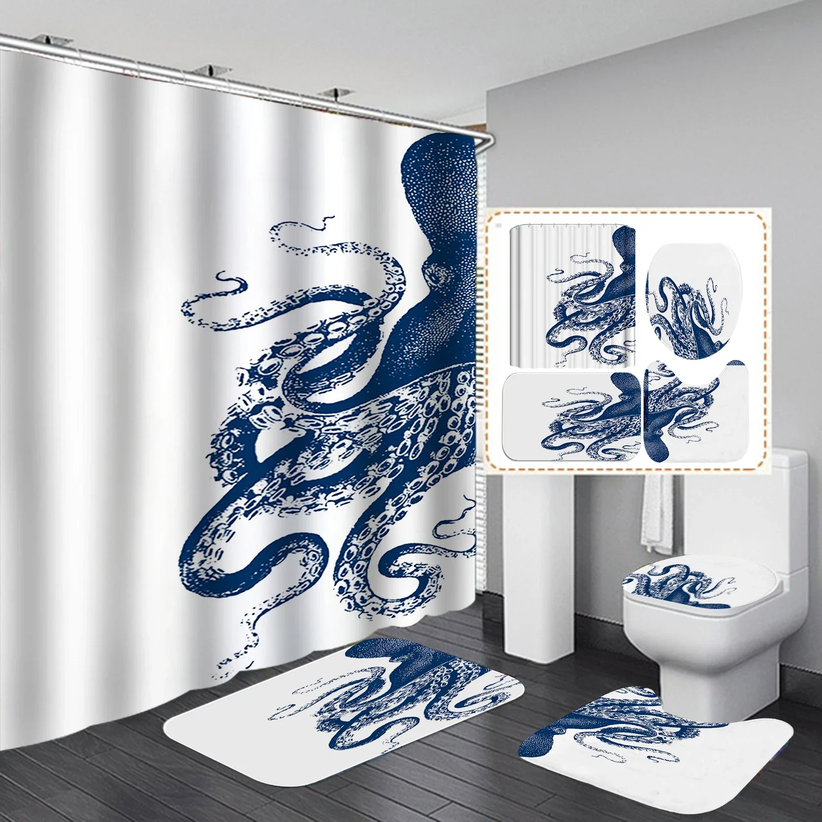 

Ocean Monster Octopus Print Shower Curtain Set Waterproof Bathroom Curtain Set with Rugs Toilet Cover Mat for Bathroom Decor
