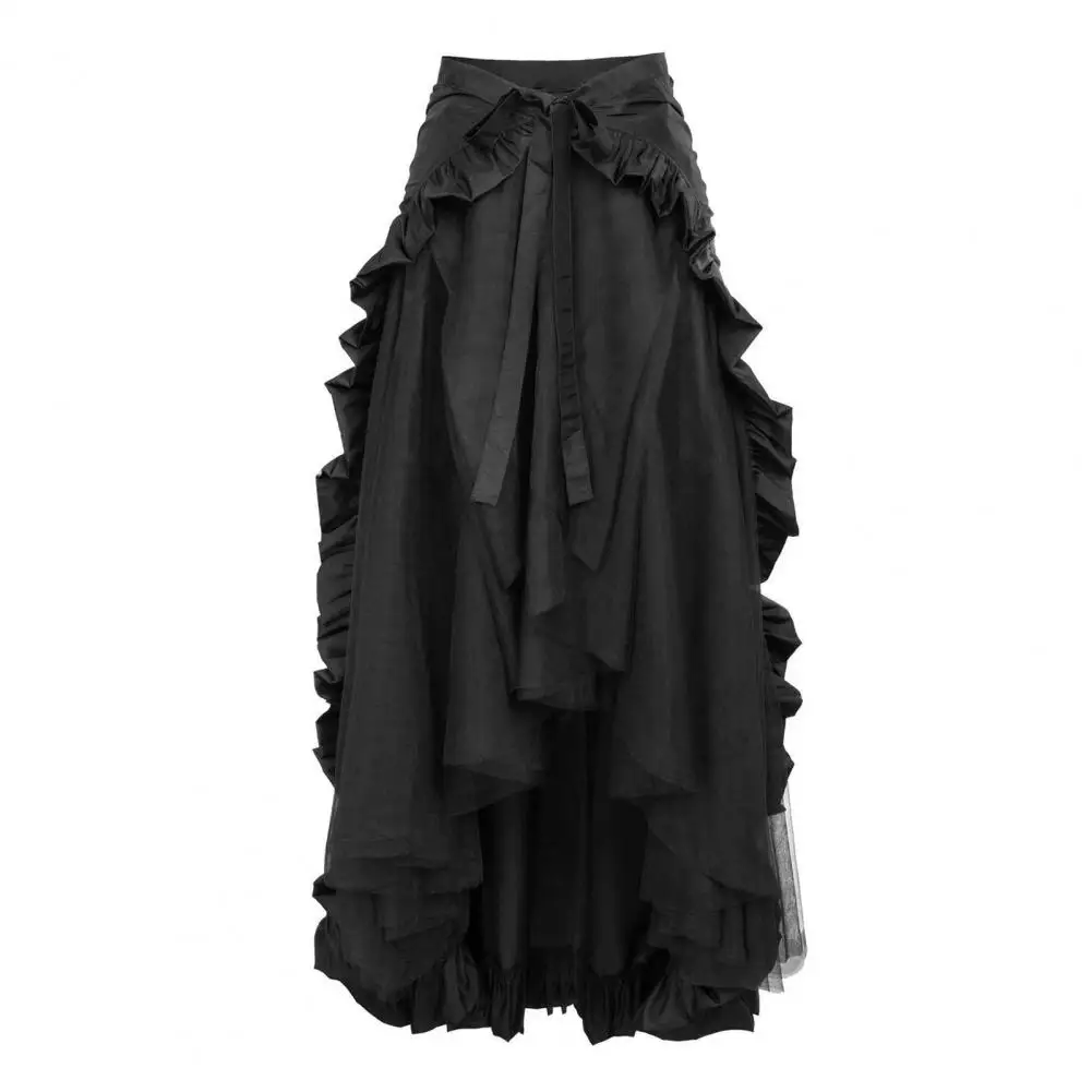 Women Halloween Skirt Cosplay Lace-up High Waist Mesh Patchwork Ruffled Skirt Steampunk Victorian Performance Role Play Skirt