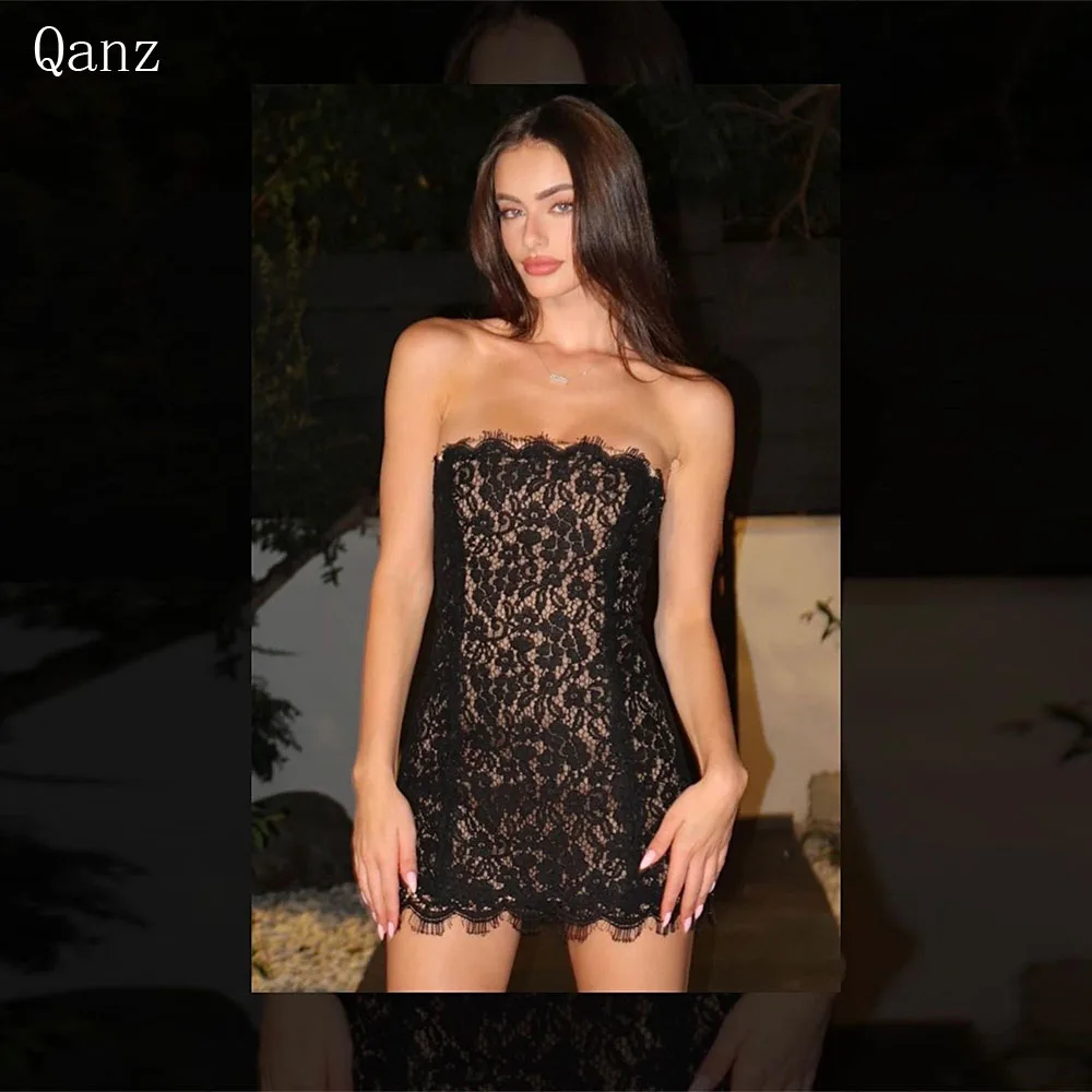 Qanz Sexy Lace Short Prom Dresses Black Strapless Mini Dress Party Night  Mermaid Corset Back Birthday Outfits Women Customized