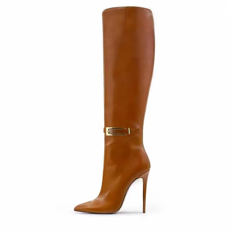 Arden Furtado Spring Belt buckle Skinny boots Pointed toe Side zipper Super high heel Knee high boots Extra large size boots