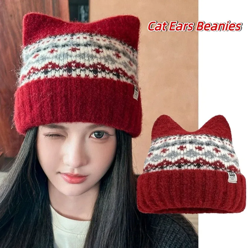 

Милая жаккардовая вязаная шапка в стиле Fair Isle, теплые шапочки с кошачьими ушками на флисовой подкладке, корейская винтажная вязаная шапка с принтом, зимняя шапка