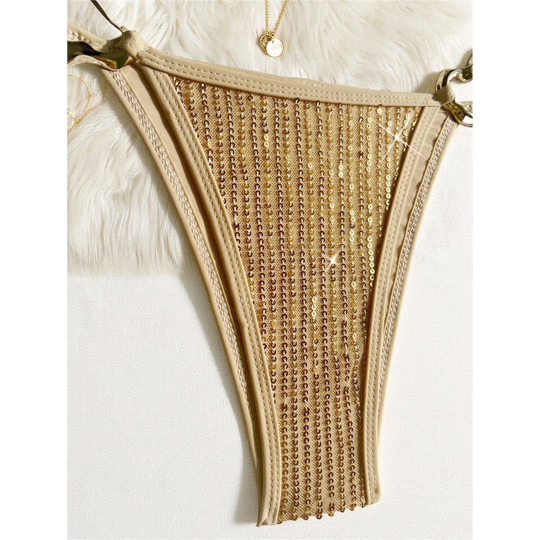 Neuer Glitzer-Pailletten-Bikini mit Neckholder, Damen-Badeanzug, zweiteiliges Bikini-Set mit Metallring, Badebekleidung, Badeanzug, Modell V7646 – Detail 6
