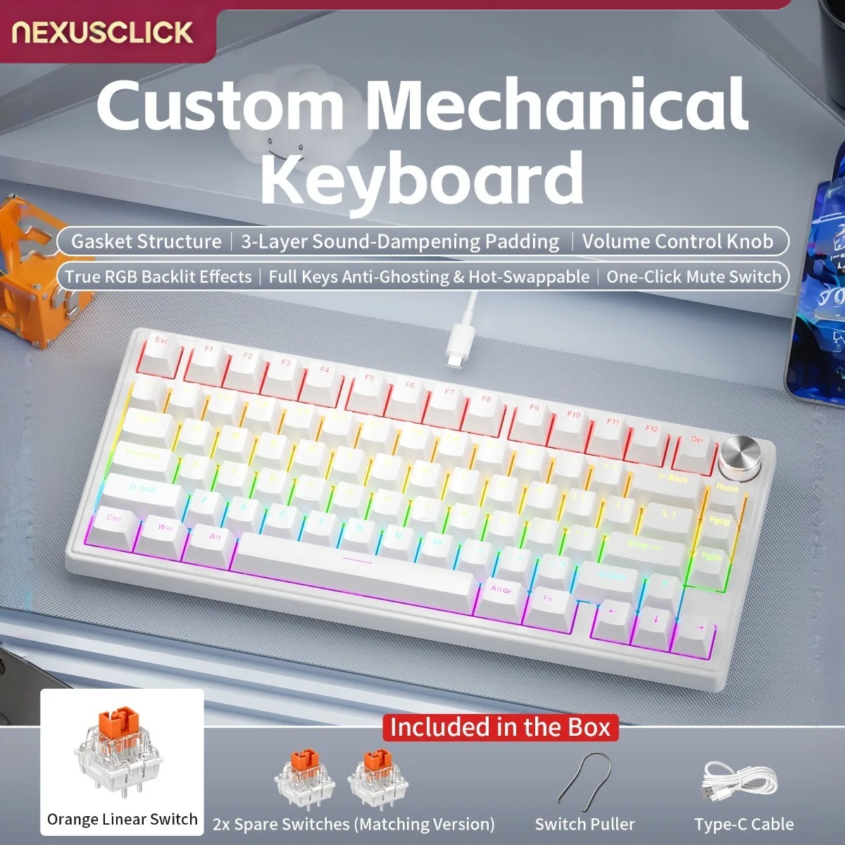 NEXUSCLICK K80 Mechanical Keyboard 80 Keys Full Anti-Ghosting Hot Swappable Gasket RGB Type-C Wired Custom Esports Keyboard