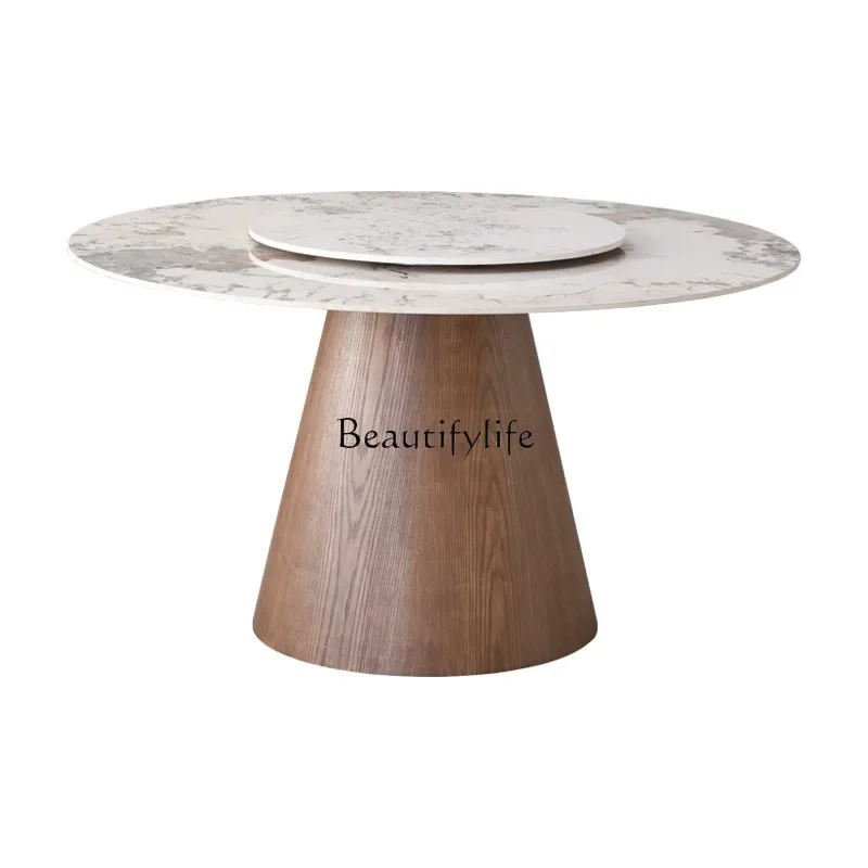 

Nordic wabi sandy wind solid wood rock slab round dining table simple household marble round table with turntable