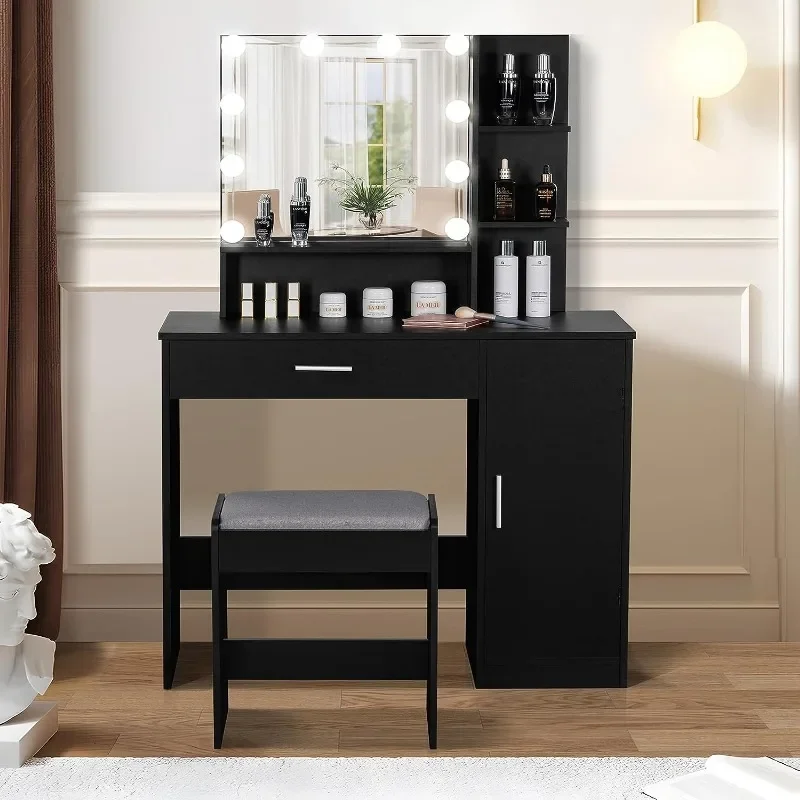 Makeup Vanity Desk for Valentine's Day, Vanity Desk Set with 1 Drawer, 1 Cabinet & 3 Shelves, Makeup Vanity Table with Stool