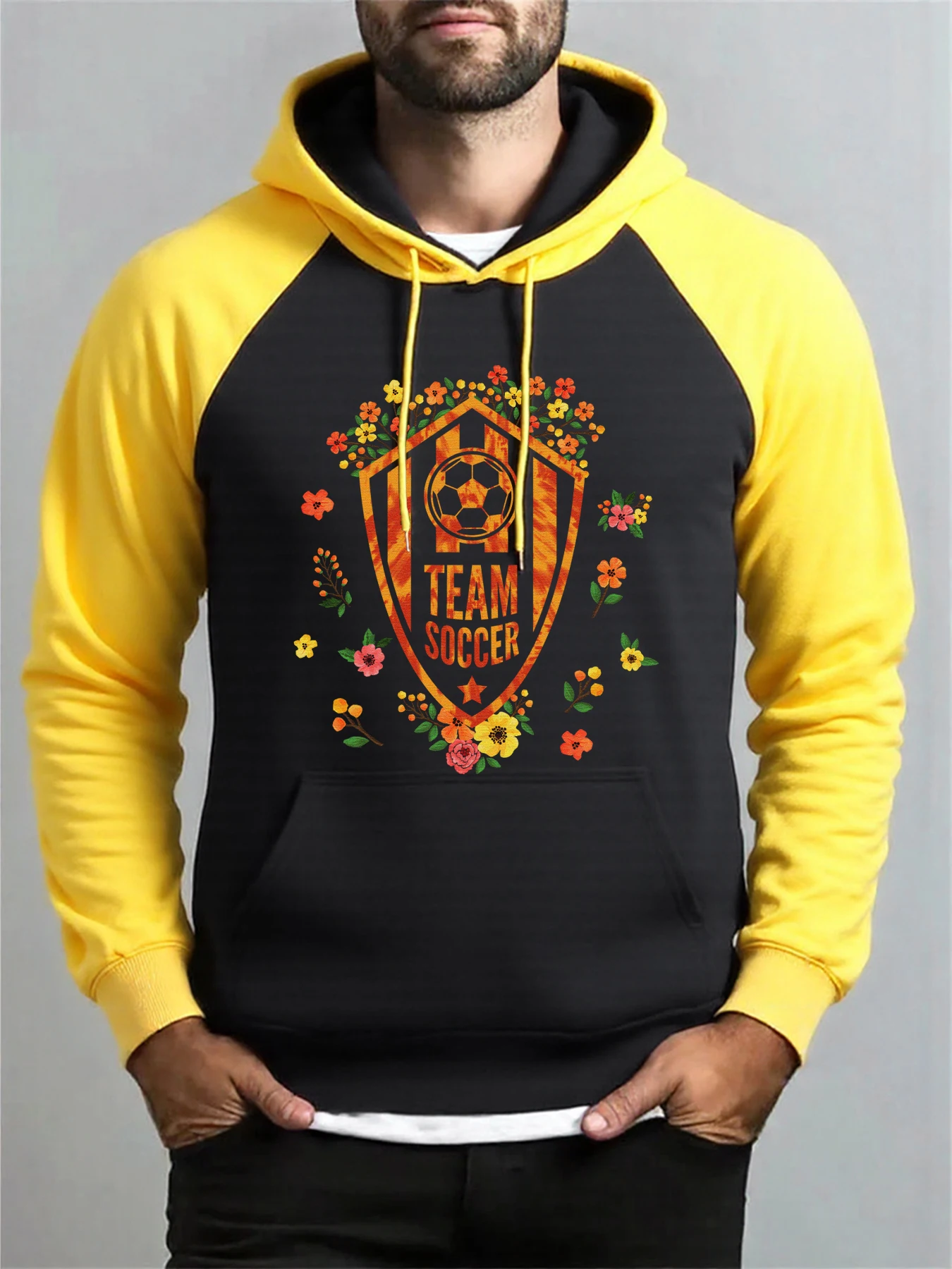 

Team Soccer Flower Printing Men Raglan Hoodie Vintage Autumn Streetwear Soft Comfortable Hoody Fleece Pocket Casual Pullover