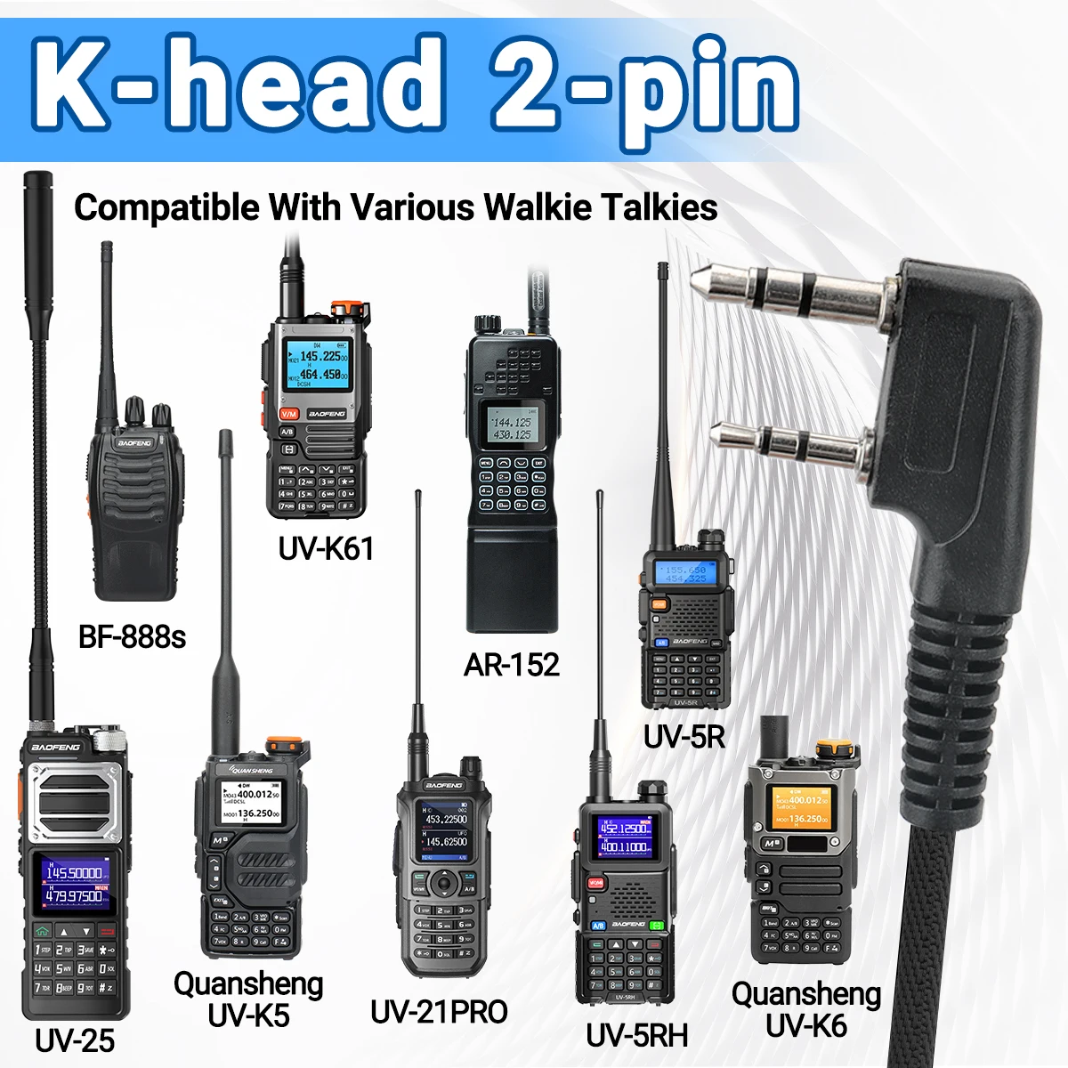 ABBREE 헤드 마운트 이어폰 워키토키 헤드셋 PTT/VOX 마이크, Baofeng UV-5R UV-21 UV-5RH Quansheng UV-K5 UV-K6, 2 핀 K 플러그