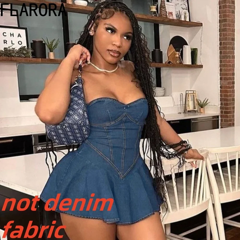 FLARORA Blue Sexy Strapless Pleated Mini Dress Woman Sleeveless Backless Slim Fit Dresses Hot Girl Streetwear Clothing Not Denim