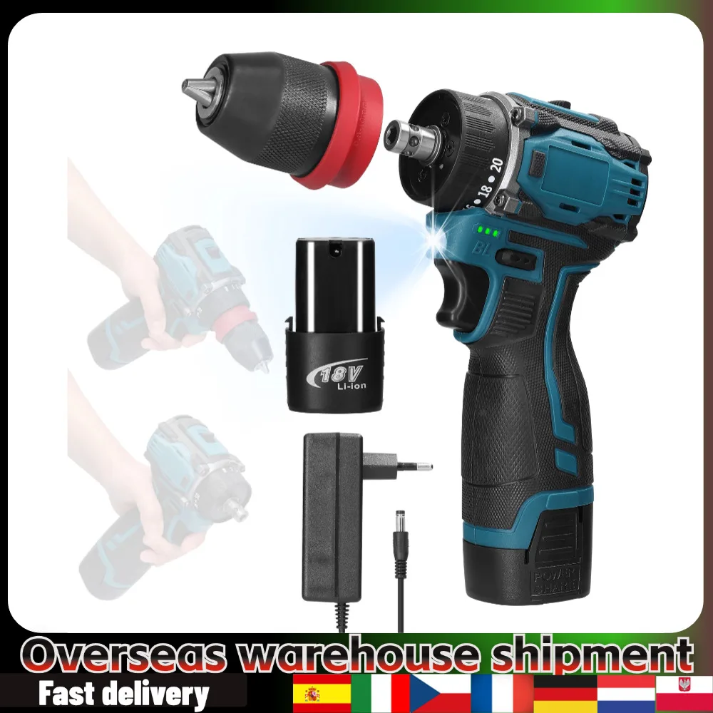 18V 2in1 Lithium Drill Electric Screwdriver Multi-function Power Tool 45Nm Torque Brushless Motor Practical Screw Driver