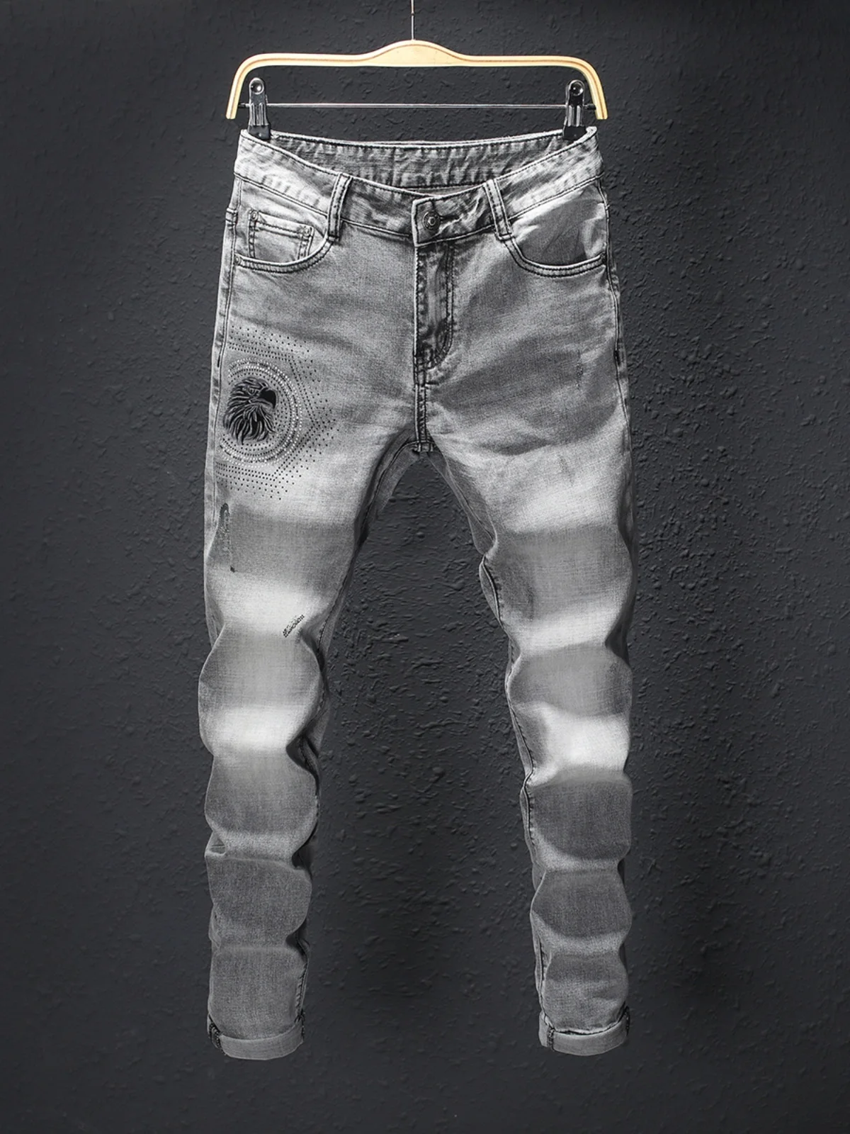 

Spring Autumn High-End Rhinestone Printed Slim Fit Men's Jeans Trendy Brand e ey Casual Long Pants Cotton Stretch Denim