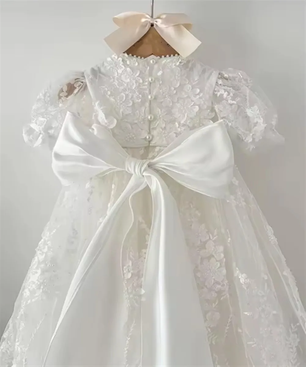 فستان زفاف أنيق مخصص لفتاة الزهور مزين بالدانتيل فستان تعميد الطفل للأطفال لأعياد الميلاد الأولى