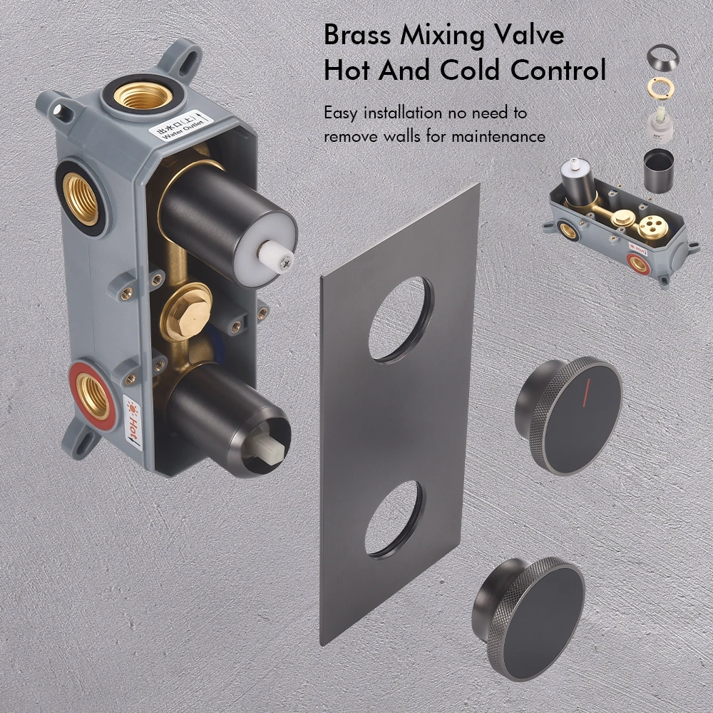 Gunmetal Shower Faucet Kit 3 Way Bathroom Shower Tap Concealed Box Mixer Fold Spout Embedded Box System