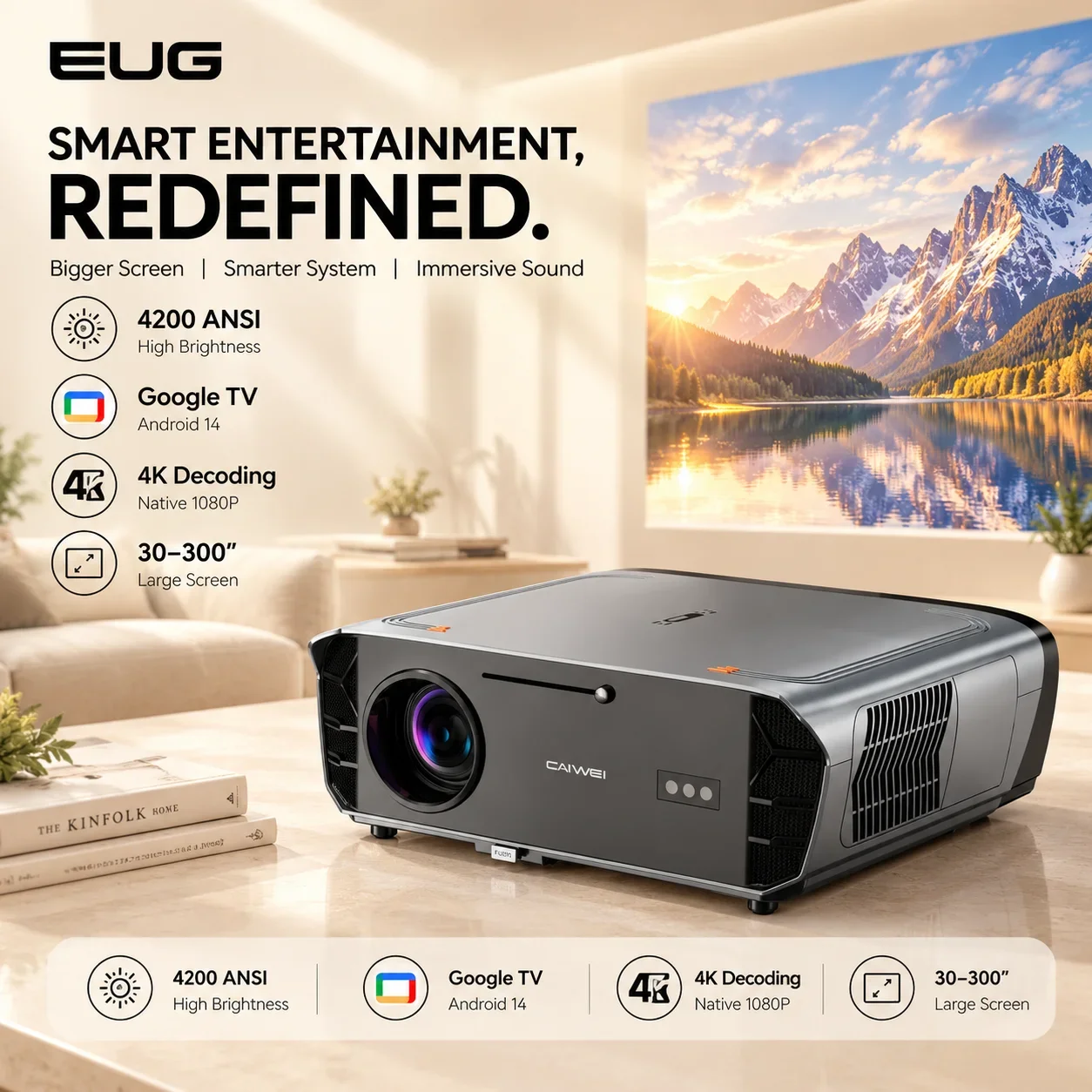 4200 ANSI 1080P projector 4K supported Android14 Google TV Daytime Movie Beamer WiFi6 TOF Auto Focus Outdoor Movie Home Theater