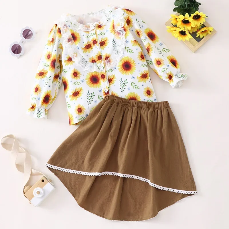 Fashion Kids Clothes Girls Outfits Sunflower Lace Single-breasted Flare Sleeve Tops+irregular Skirt Girls Clothing Sets New 1-6Y