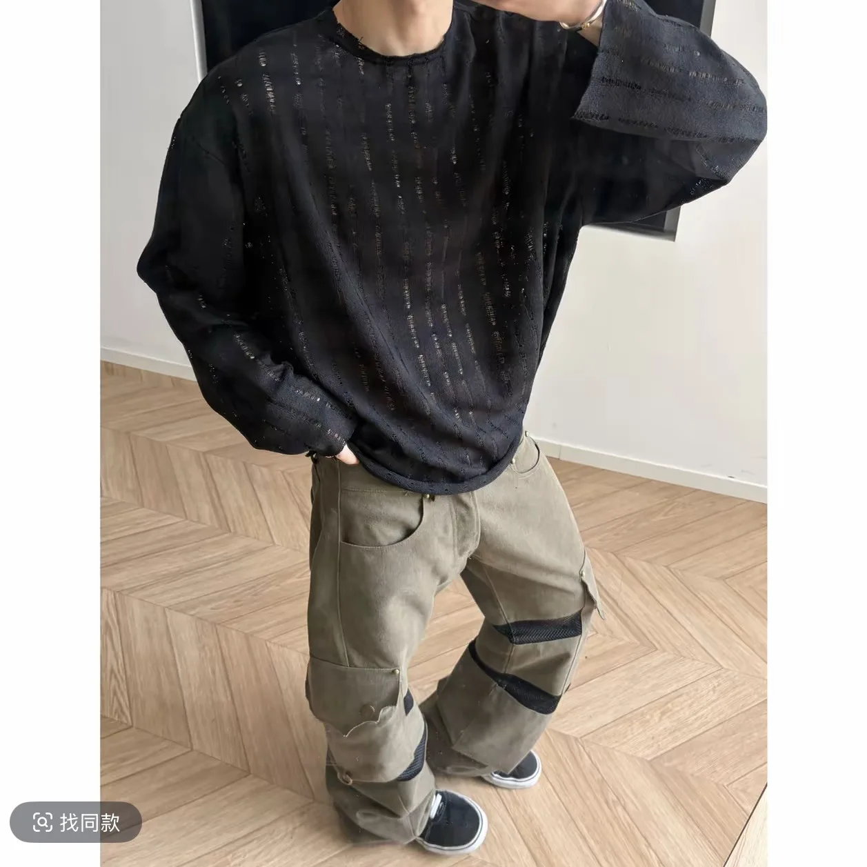 2026 Men's Gradient Vertical Stripes Loose Hole Semi-transparent Thin Long-sleeved T-shirt Raw Edge Blouse for Men