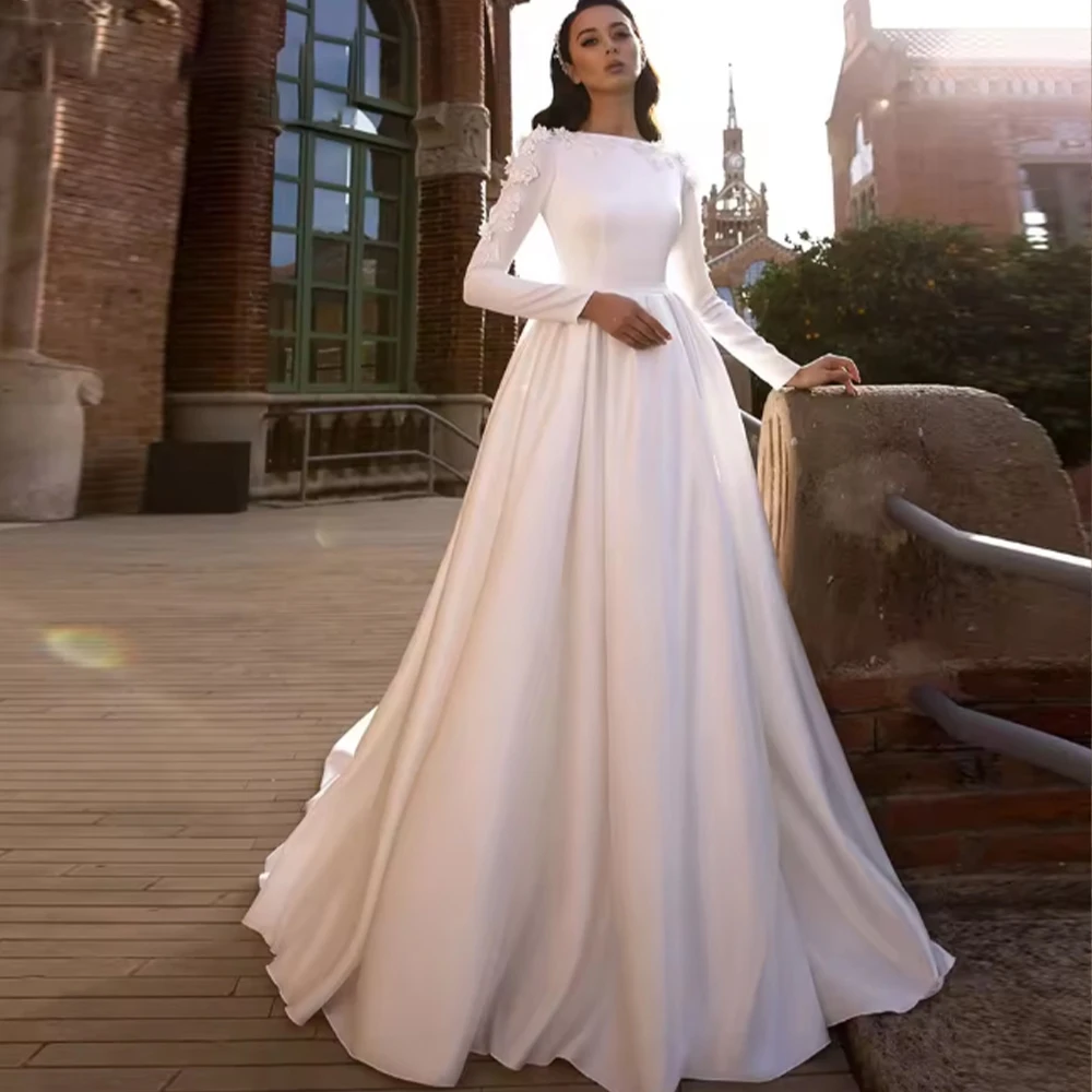 

Muslim Wedding Dresses O-Neck Long Sleeve A-line Church Bride Dress with Draped Appliques Pleat Satin Bridal Gown Customized
