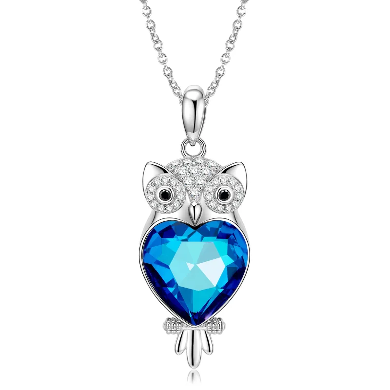 Owl pendant with love S925 silver blue crystal necklace for women, versatile and fashionable in Europe and America