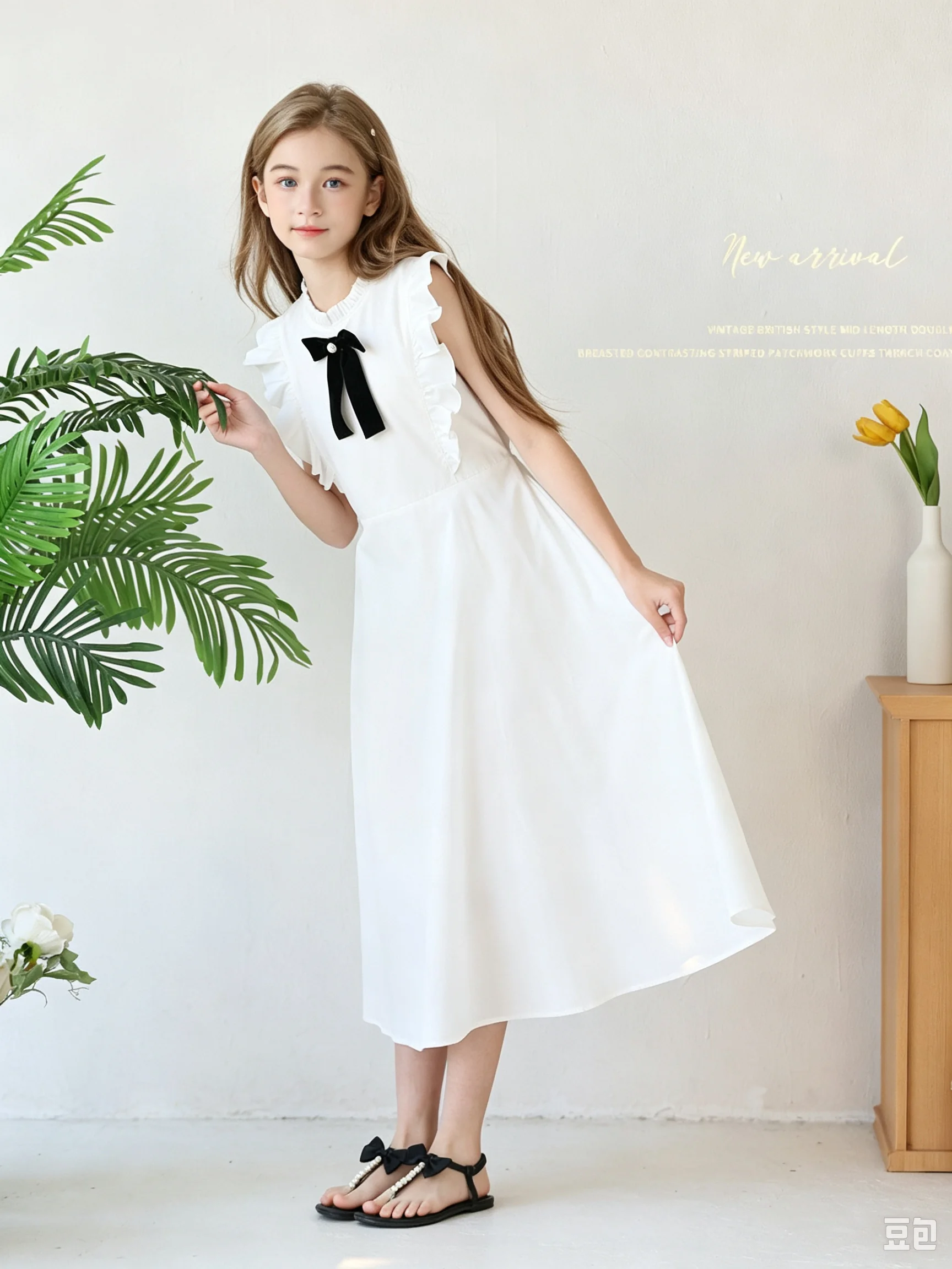 Elegant Girls White Ruffled Sleeve Dress with Pearl Bow Frill Stand Collar A-Line Midi Dress Summer Party School Daily Wear for