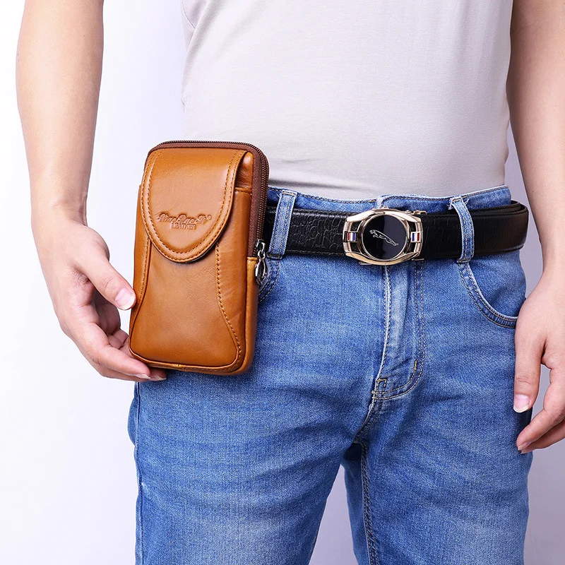 Men's leather waist bag Multi functional small bag Head leather 5.5 inch 6-inch mobile phone bag Belt waist bag image 3