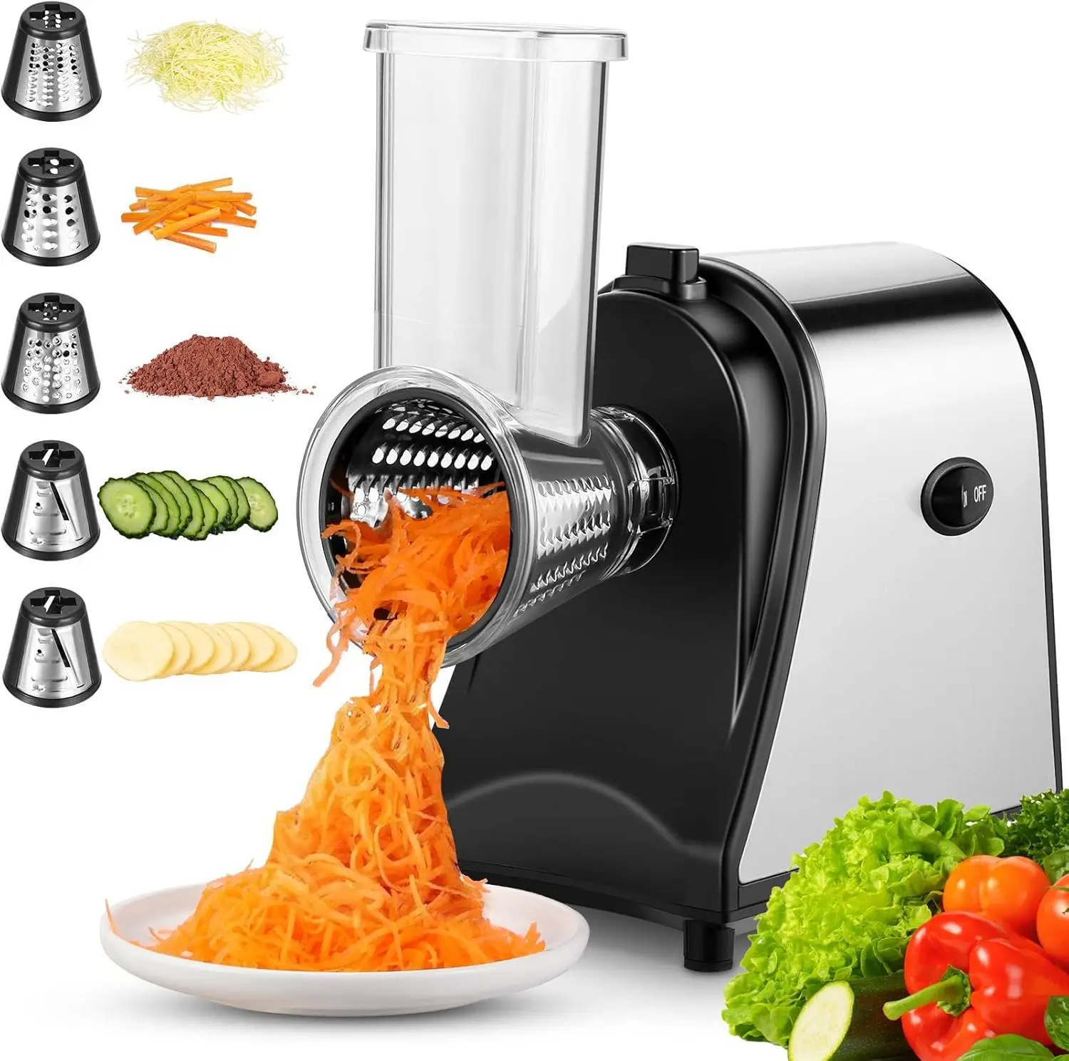 

250W 5-in-1 Electric Cheese Grater and Vegetable Slicer for Veggies, Carrots, Potatoes