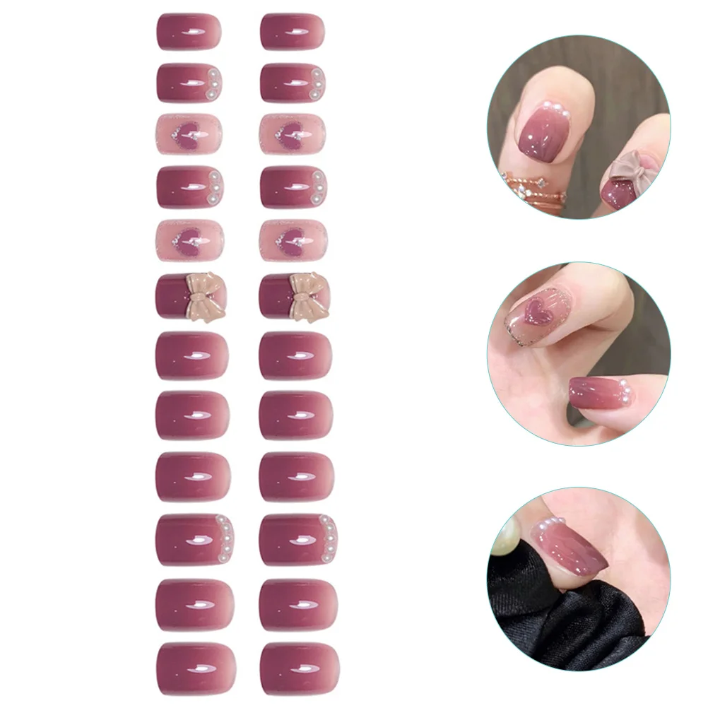 

24 Pcs Gradient Bow Wear Heart False Nails for Women Stylish Luxury Glue Detachable Plastic Nail Tips