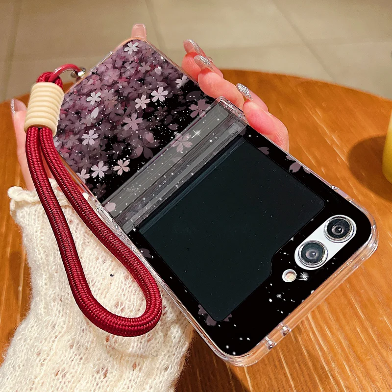 Cherry Blossom Lanyard Phone Case For Samsung Galaxy Z Flip 8 7 FE 6 5 4 3 5G Folding Hard Clear Cover For Samsung Z Flip7 Flip6