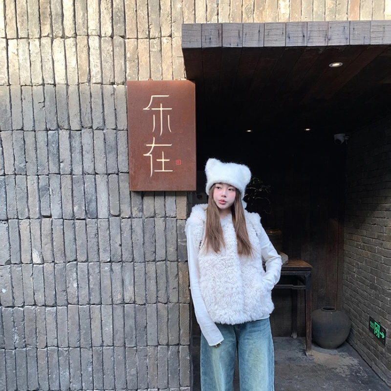 قصيرة مقنعين فو فرو الضأن سترة بلا أكمام الصلبة أفخم معطف أنيق فضفاض المرأة فروي السترات شتاء جديد دافئ رقيق بالأزرار #6