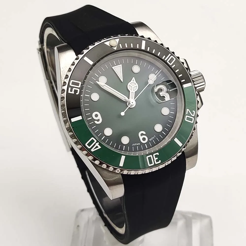 Часы наручные NH35 мужские с керамическим циферблатом, повседневные Модные сапфировые, с резиновым ремешком, с черным градиентом и зеленым циферблатом