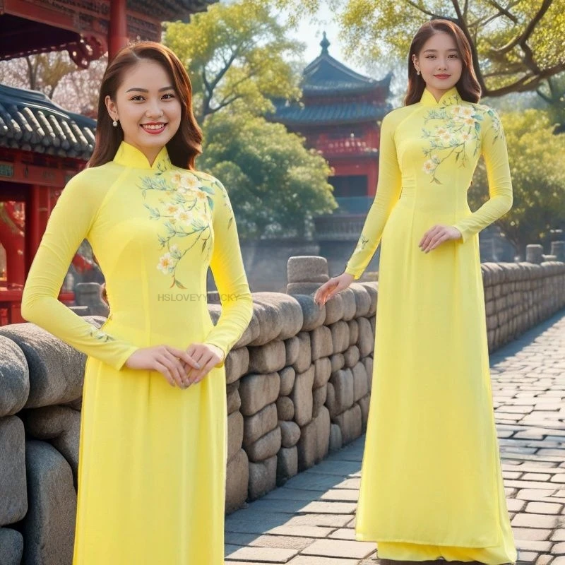 

Oriental Vietnam Ao Dai Women Cheongsam Qipao Dress Traditional Chinese Costumes New Year Wear Froal Yellow Vietnam Ao Dai