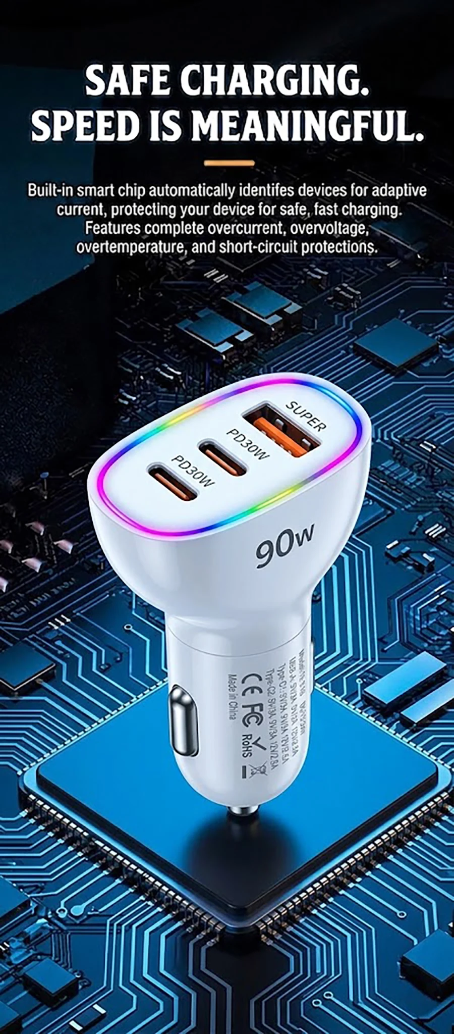 Fast Car Charger 90W 3 Ports Multi USB C PD 30W and USB A QC 30W Automobile Power Adapter with Glowing Ring For Smart Devices