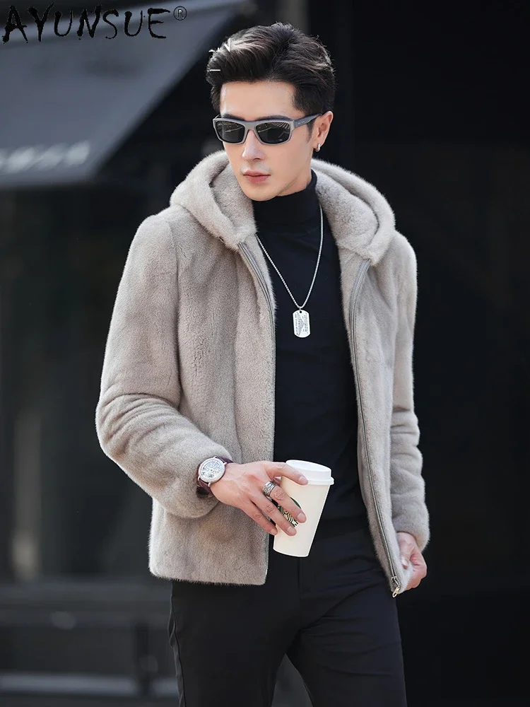 AYUNSUE Natural Fur Coat Hooded Men's Winter Jackets 2025 Luxury Real Mink Fur Jacket Casual Fur Coats Abrigos Invierno Hombre