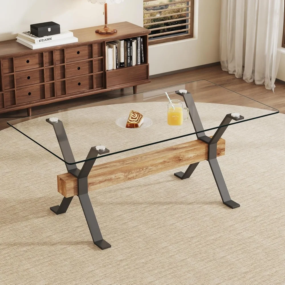 Modern 71-inch Glass Dining Table with Tempered Glass Top and Metal Legs for Clear Dining Room