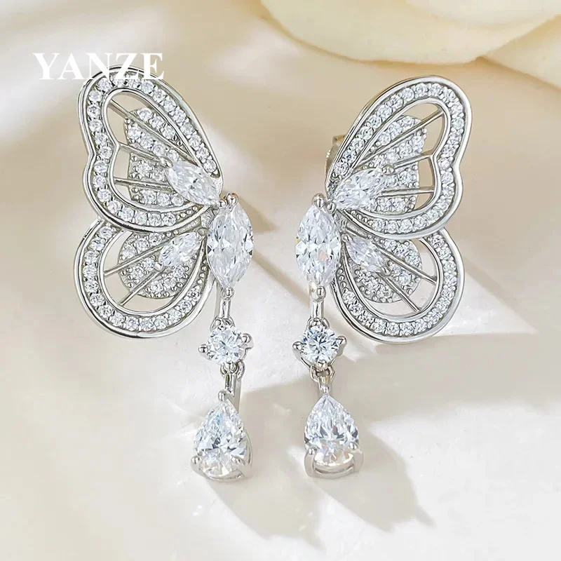 Pendientes de mariposa exquisitos de plata de ley S925 de lujo con joyería exagerada de diamantes de alto carbono