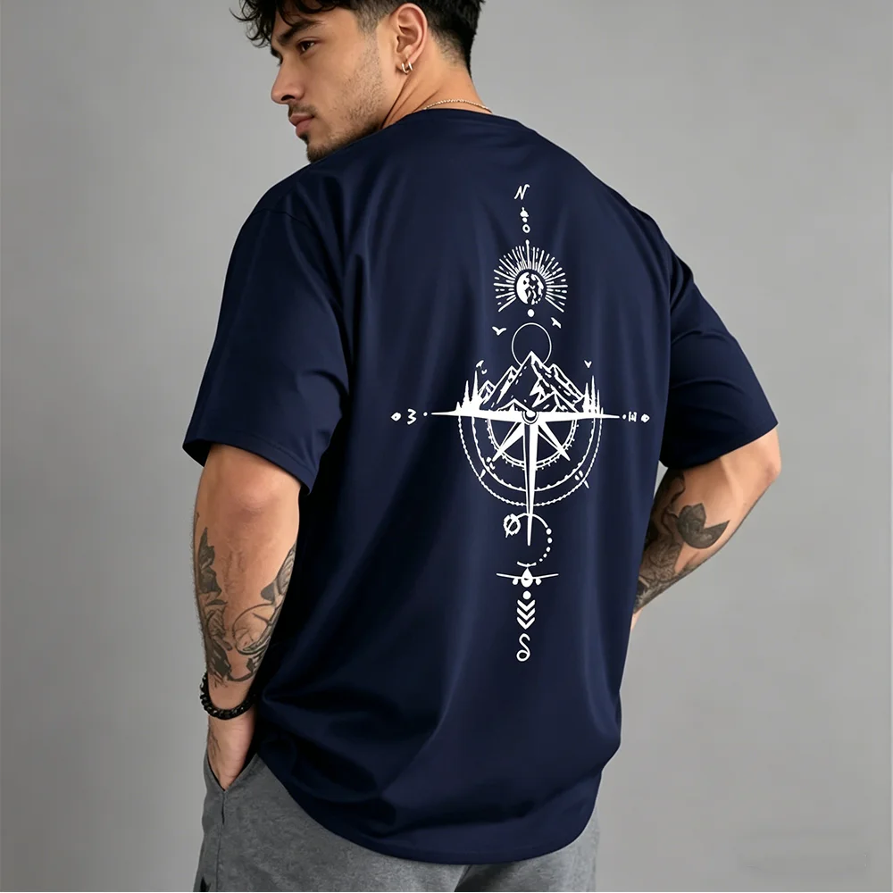 2026 New Original Design Summer Men's 100% Cotton Casual Sports Fitness Loose Retro Compass Print Crew Neck Short Sleeve T-Shirt