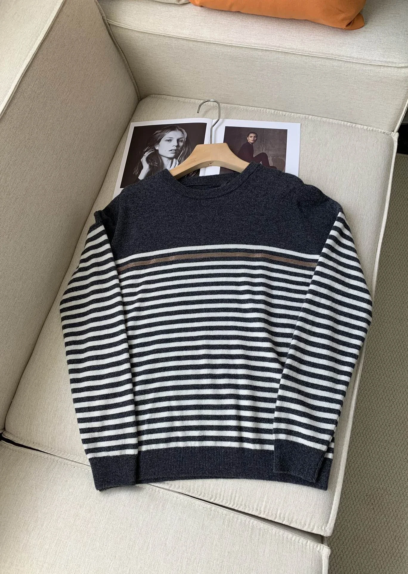 100% Cashmere Women's Striped Beaded Sweater Autumn Round Neck Long Sleeve Casual Female Knitted Pullover