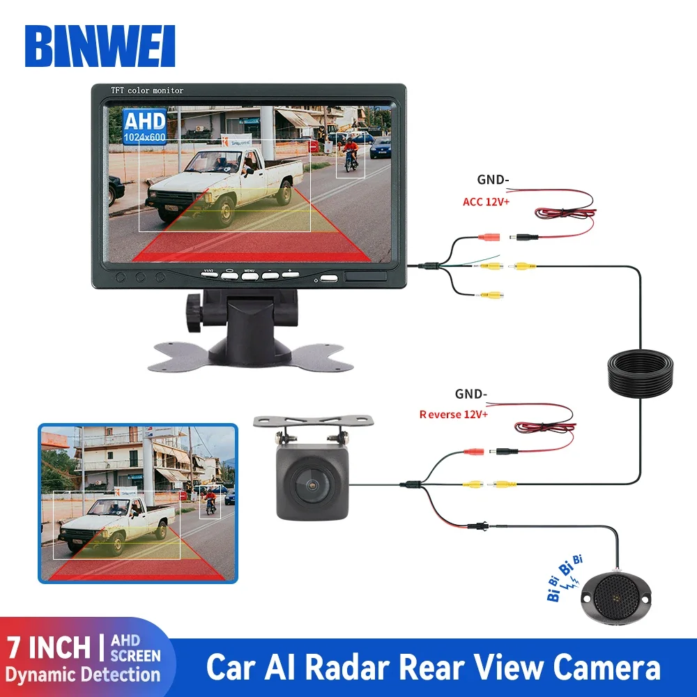 

BINWEI Car AHD Monitor with AI Rear view Camera for Vehicle Parking Radar Alarm with 7" Screen Easy Installation Universal