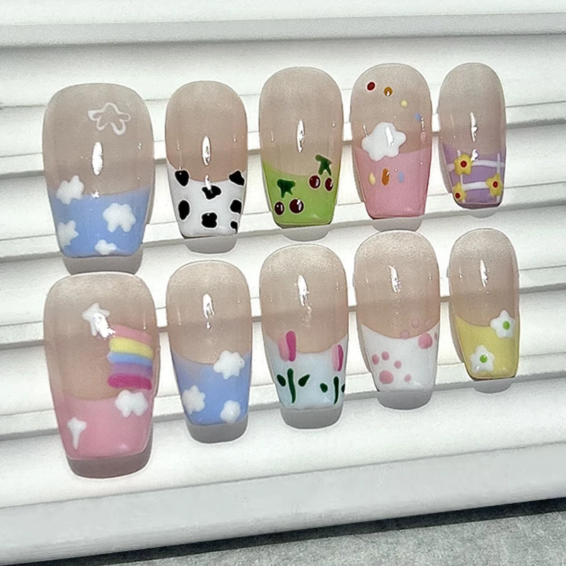 

10 Шт Весенние Милые И Милые Накладные Ногти Ручной Работы Нарисованные Маленькие Цветы Облака Вишня Съемные Многоразовые Накладные Ногти