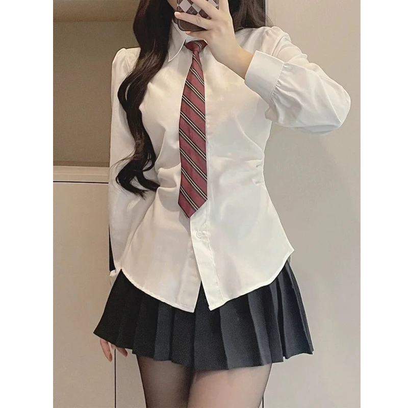 JK Uniform Two Piece Set for Women Sexy Sweet Lace Up with Tie White Long Sleeve Shirt Female High Waist Sexy Pleated Mini Skirt