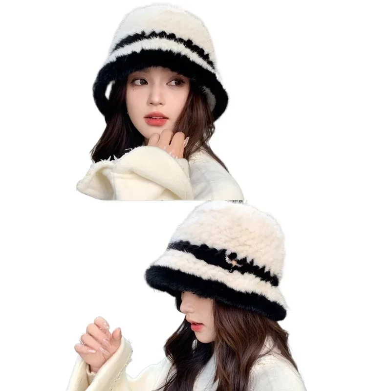 Autumn and winter fur hat mink weaving women's  luxury hat elegant fur real hair small fragrant  large bucket hat