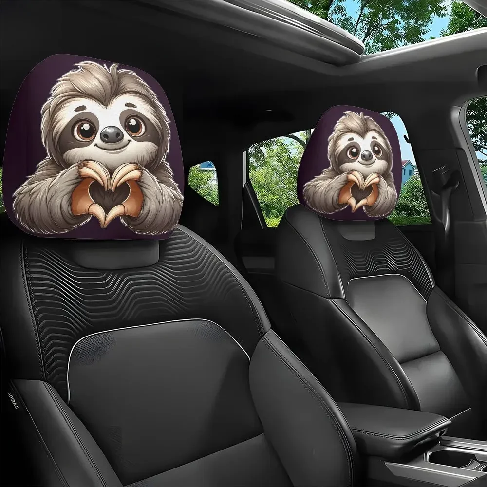2Pcs Cute Cartoon Sloth Heart Print Car Headrest Covers Suitable for Long Distance Driving Holiday Road Trips Travel Car Decor
